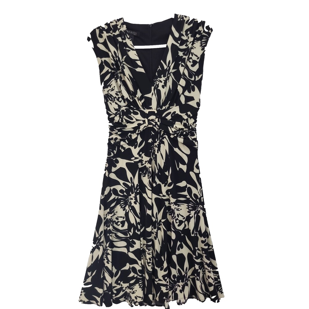 Anne Klein Dress Sz 4 Black Ivory Floral Print Sleeveless Jersey Ruched Waist